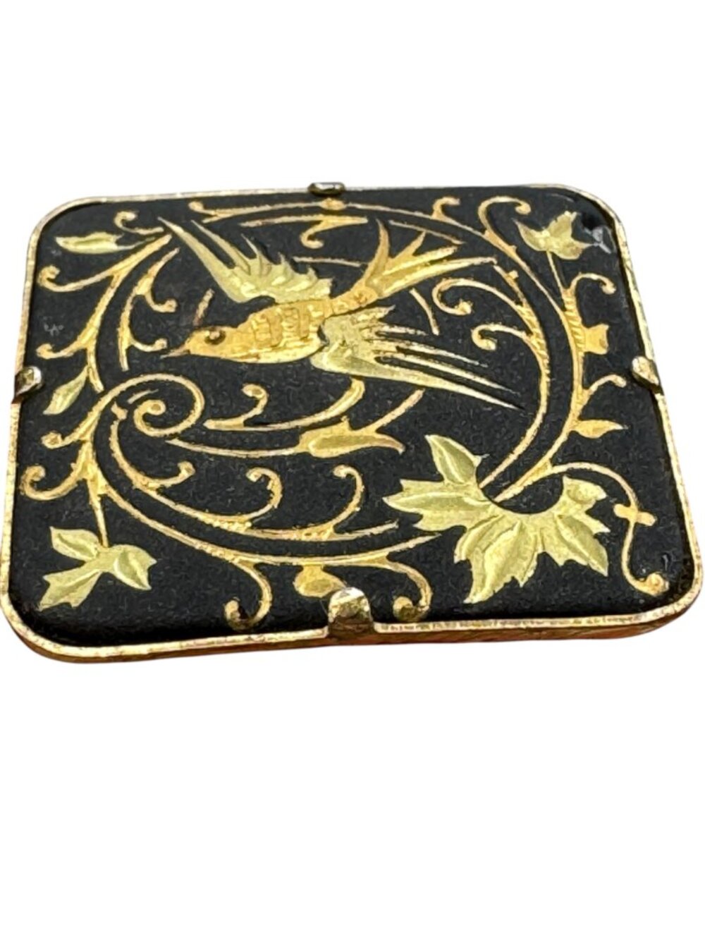 Vintage Damascene Bird Brooch Scatter Pin 1" Floral Vines Black Gold Cottagecore - Picture 4 of 7